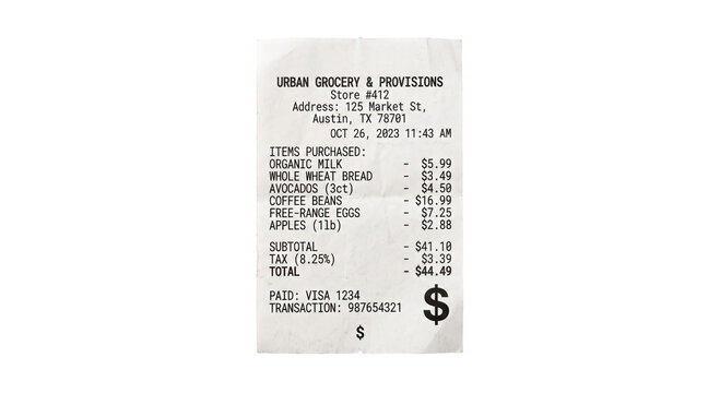 Grocery receipt from Urban Grocery & Provisions showing purchased items and total cost