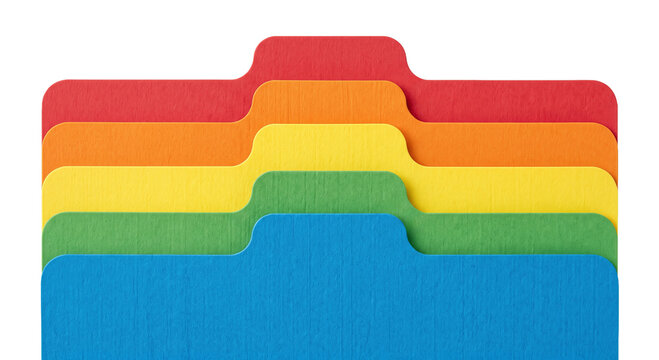 Colorful file folder tabs arranged in a rainbow gradient for organization
