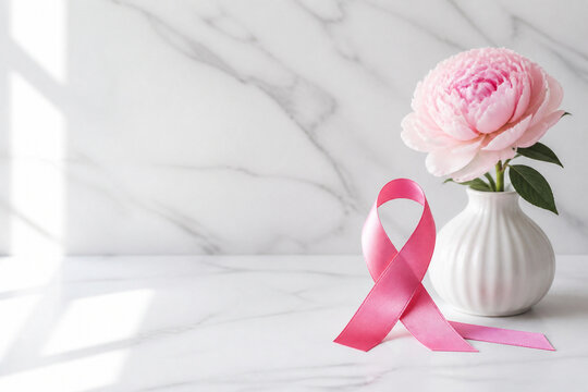 Pink ribbon with flower in a calm wellness scene, Generative AI