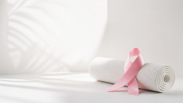 Pink ribbon beside a rolled white towel, Generative AI