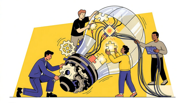 Team of people working together to assemble a large light bulb with gears and puzzles