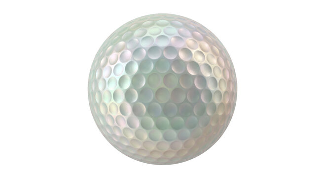 Close-up of a pearlescent golf ball with dimples on a black background