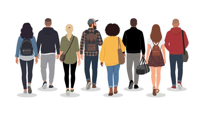People walking together are shown from behind in a flat vector illustration style suitable for modern design projects.