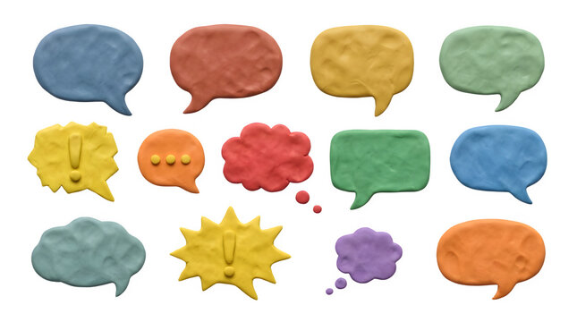 Clay speech bubbles set, colorful plasticine talk clouds on white background, handmade modeling clay chat icons for social media
