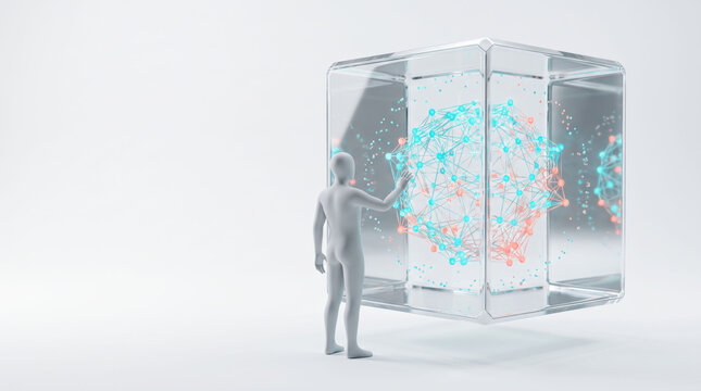 AI Sandbox in Glass Cube, Futuristic Technology Concept with Copy Space