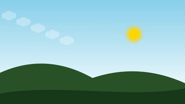 Landscape displays a vibrant blue sky with a glowing yellow sun over dark green rolling hills and a diagonal row of simple clouds.