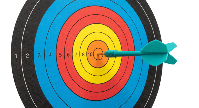 Perfect shot hitting the bullseye on a dartboard, achieving maximum score