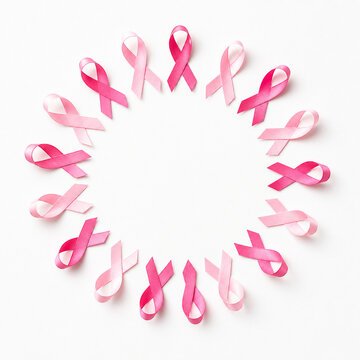 Circle of pink awareness ribbons with copy space, Generative AI