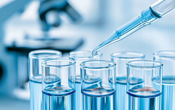Dripping liquid from pipette into test tube in laboratory, closeup