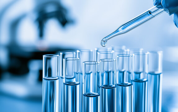 Dripping liquid from pipette into test tube in laboratory, closeup