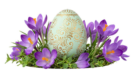 Ornate pastel Easter egg nestled among vibrant purple crocuses and green moss © Sapphire