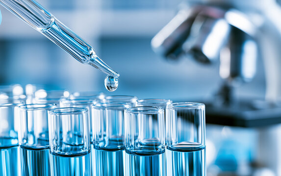 Dripping liquid from pipette into test tube in laboratory, closeup