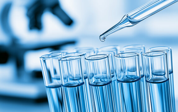 Dripping liquid from pipette into test tube in laboratory, closeup