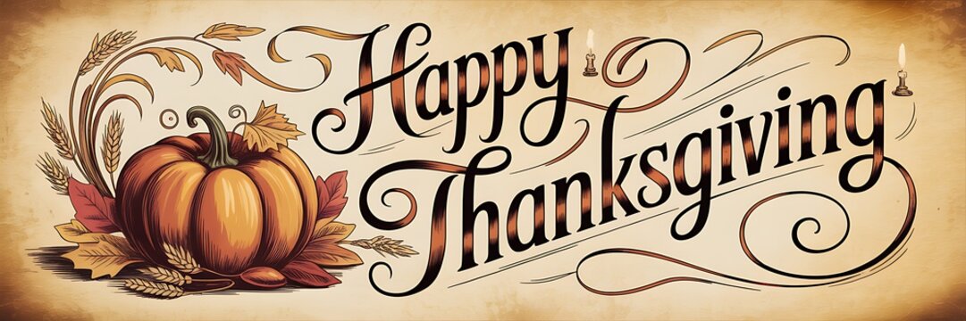Vintage style happy thanksgiving greeting card with decorative pumpkin illustration