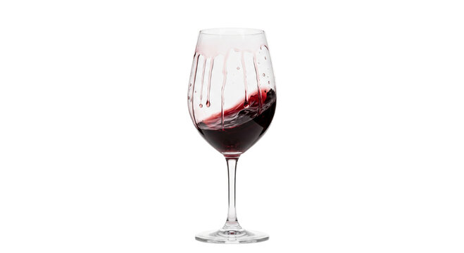 Red wine swirling in a clear glass with droplets on the side