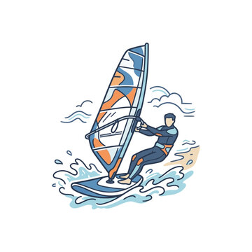 Illustration of a windsurfer riding ocean waves with colorful sail.