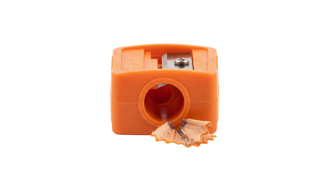 Bright orange pencil sharpener with shavings on a clean white background