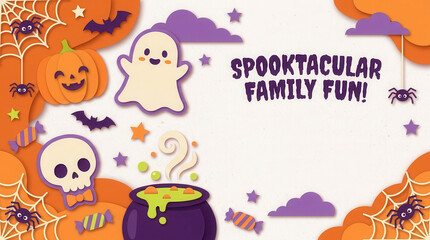 Fototapeta premium Halloween paper craft background with cute ghost, pumpkin, skull, cauldron, and spiders on white
