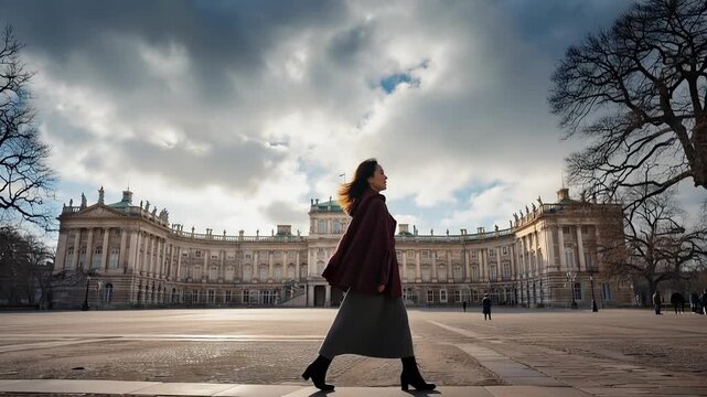 Woman Walking in Kensington Palace Square, London &ndash; Silhouette Against Historic Architecture and Cloudy Sky.