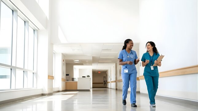 Two diverse female nurses walking and laughing in a modern hospital hall