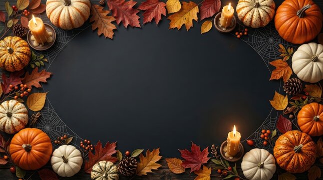 Spooky Halloween flat lay with melting candles pumpkins and cobwebs on wood with copy space