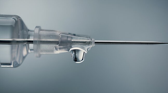 Close-up of a medical syringe needle with a liquid drop at its tip