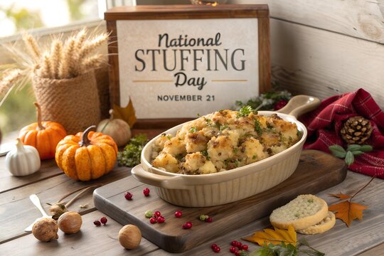 Delicious traditional holiday stuffing in ceramic dish for national stuffing day
