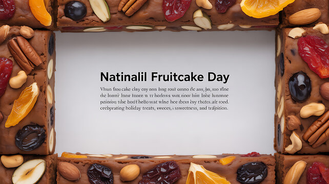 National Fruitcake Day celebration with a fruitcake frame featuring dried fruits, nuts, and festive ingredients
