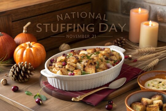 Rustic holiday stuffing casserole for national stuffing day celebration