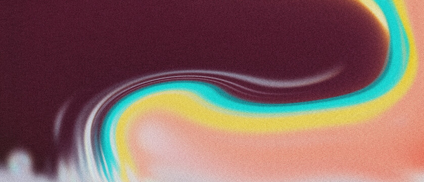 Abstract granulated burgundy field merging into soft apricot, highlighted by a luminous turquoise and gold fluid curve, perfect for digital design.
