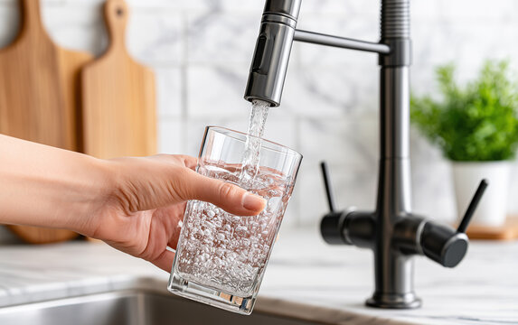 Woman filling glass with tap water from faucet in kitchen, closeup