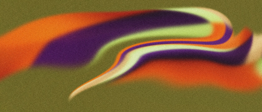 Ethereal granulated abstract featuring flowing, blurred forms of tangerine, rich violet, and  lime green on an earthy olive backdrop, ideal for