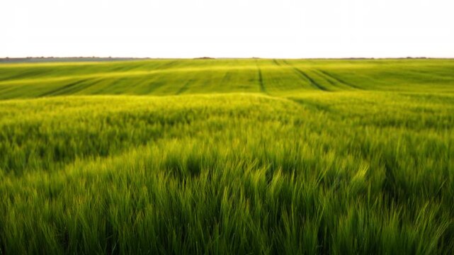 Green barley field waving in the wind during a scenic rural sunset creating beautiful patterns on the agricultural landscape