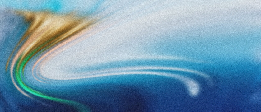 Gently granulated ethereal blues fluidly merge with a radiant golden-bronze and verdant liquid curve, crafting a tranquil abstract design for digital