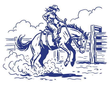 Cowgirl riding bucking horse in vintage hand drawn western rodeo arena illustration