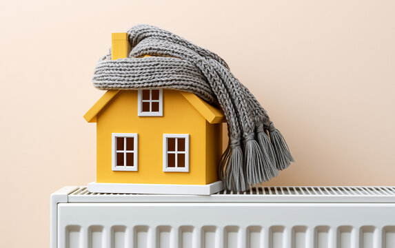 House model wrapped in scarf on radiator indoors, space for text. Winter heating efficiency