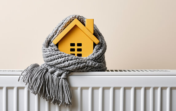House model wrapped in scarf on radiator indoors, space for text. Winter heating efficiency