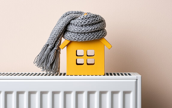 House model wrapped in scarf on radiator indoors, space for text. Winter heating efficiency