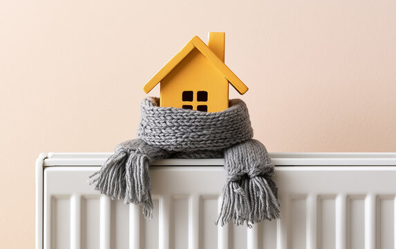 House model wrapped in scarf on radiator indoors, space for text. Winter heating efficiency