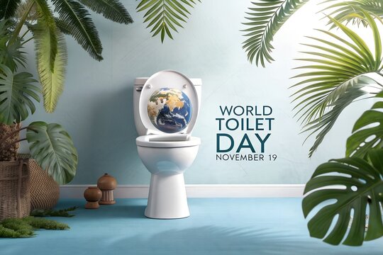 World toilet day concept with clean commode and lush green plants, bathroom