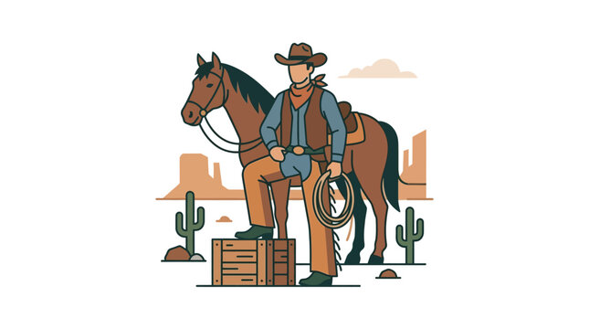A brave cowboy poses with his loyal horse in desert