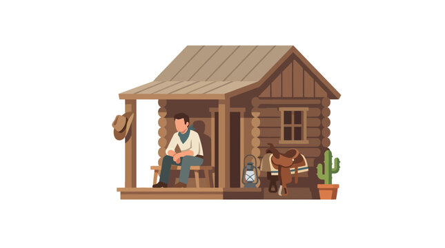 A lonely cowboy resting outside his wooden log cabin house
