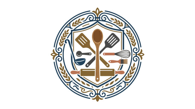 A circular emblem featuring various kitchen utensils
