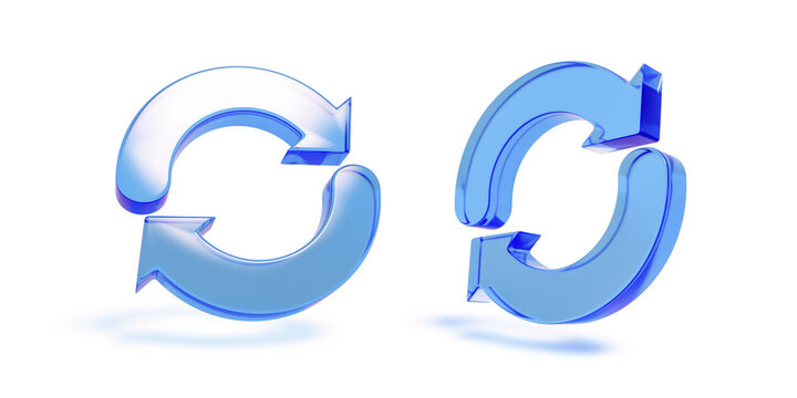 Set of blue 3d recycle or refresh circle arrows isolated on transparent background