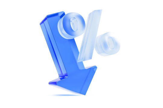 Blue 3d downward arrow with percentage sign icon isolated on transparent background