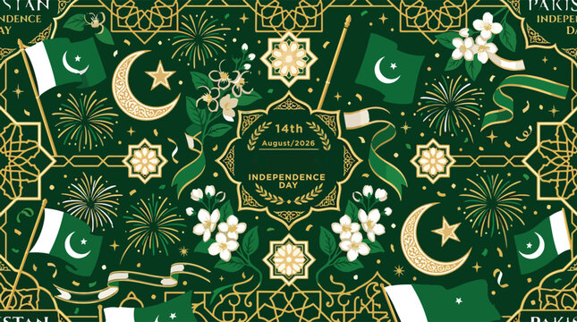 Pakistan Independence Day vector illustration, 14th August celebration, patriotic green and gold design, national holiday banner, festive cultural event background