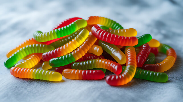 A pile of colorful gummy worms on a textured surface