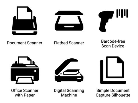 Icon set of document scanners and scan devices for office and digital use