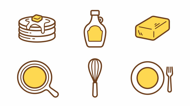 Breakfast essentials: pancakes, syrup, butter, frying pan, whisk, plate icons