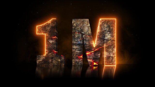 Cinematic 3D 1M milestone title reveal carved from volcanic rock with glowing lava cracks, drifting smoke and embers, celebrating followers and subscribers